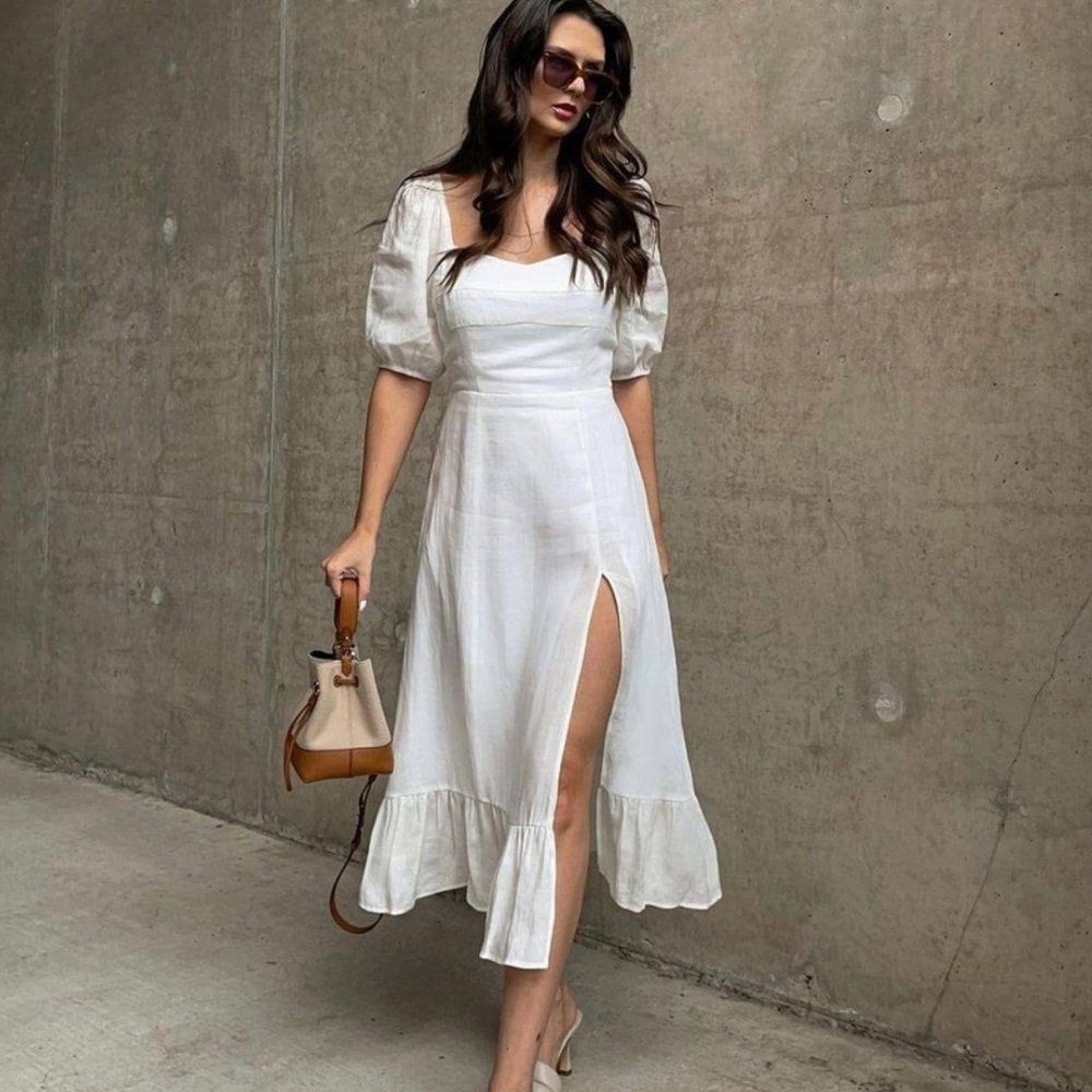 NWT! Puff Sleeve Split Hem Midi Dress